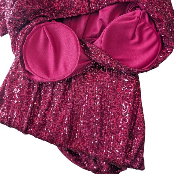 Chicwish | Elbow Sleeve Ruffle Sequined Gown | Burgundy | XL - Picture 11 of 15